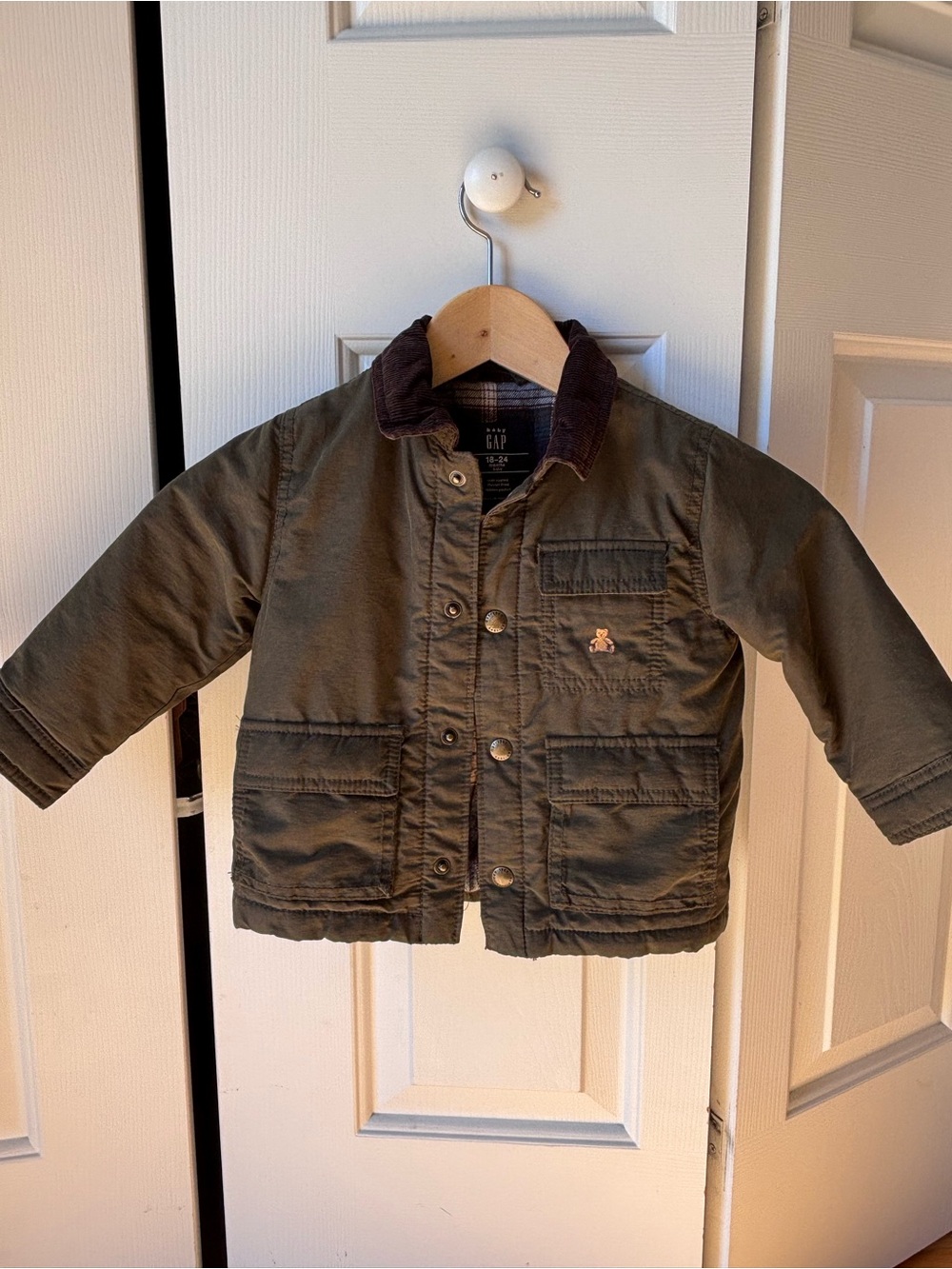 Gap Kids Olive Green Waxed Jacket with Corduroy Collar